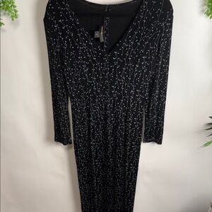 Scott McClintock Black Long Sleeve V-Neck Dress with White Vine Pattern